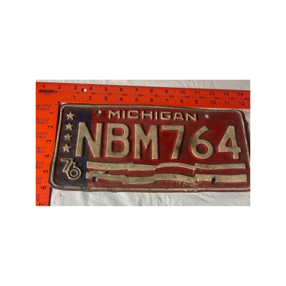 Vintage 1976 Michigan Bicentennial License Plate NBM764 Red White Blue Metal